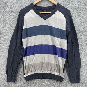 Oakley Sweater Mens Large Blue White Knit Pullover V-Neck Striped Cotton‎ Casual